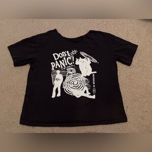 Don’t Panic! graphic tee, off the shoulder
